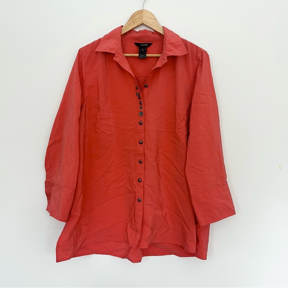 Ali Miles Red Orange Button-Up Shirt w Celtic Art Buttons Lagenlook S Large Read